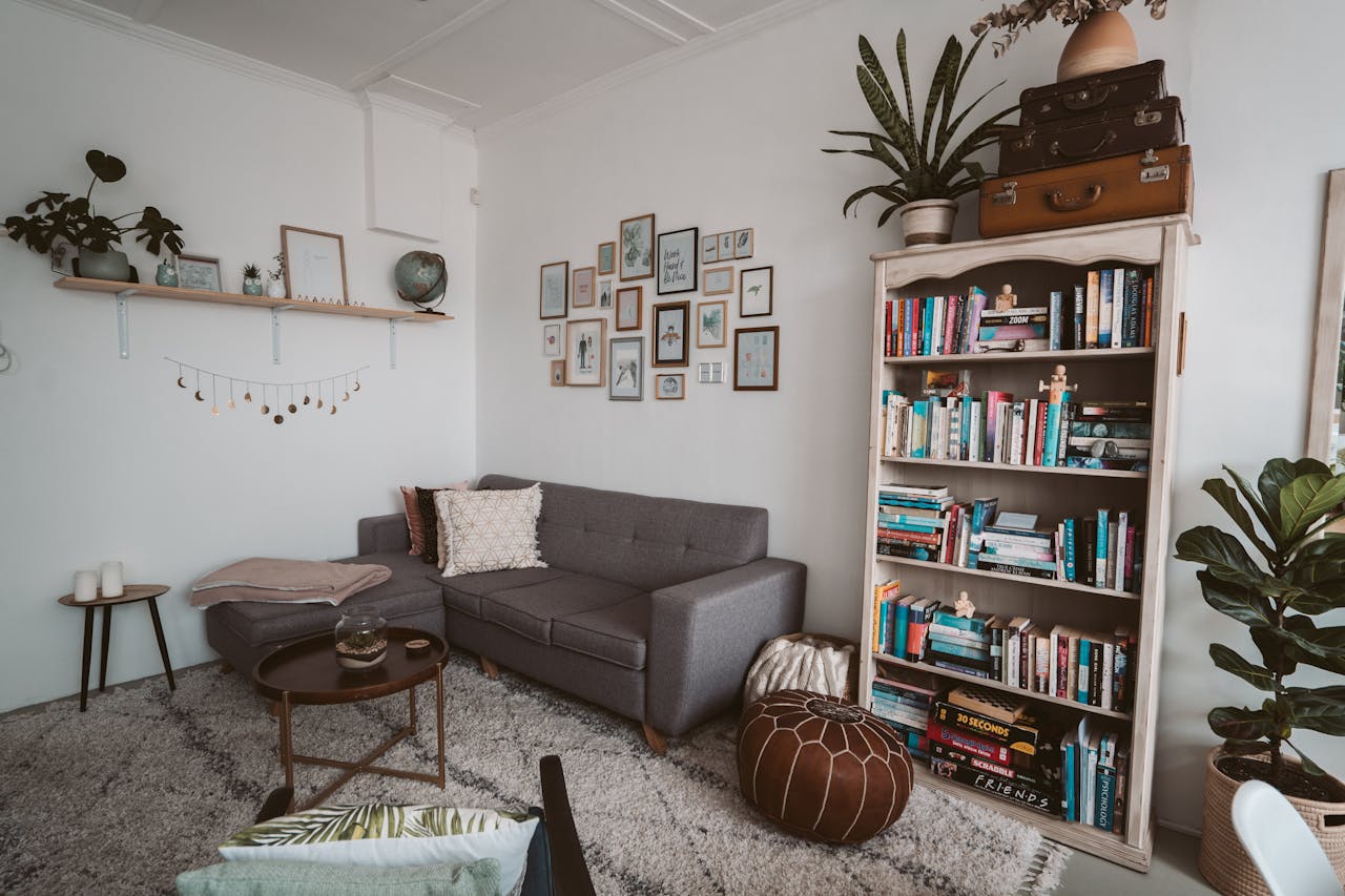 A neat living-room with a sofa and a bookshelf