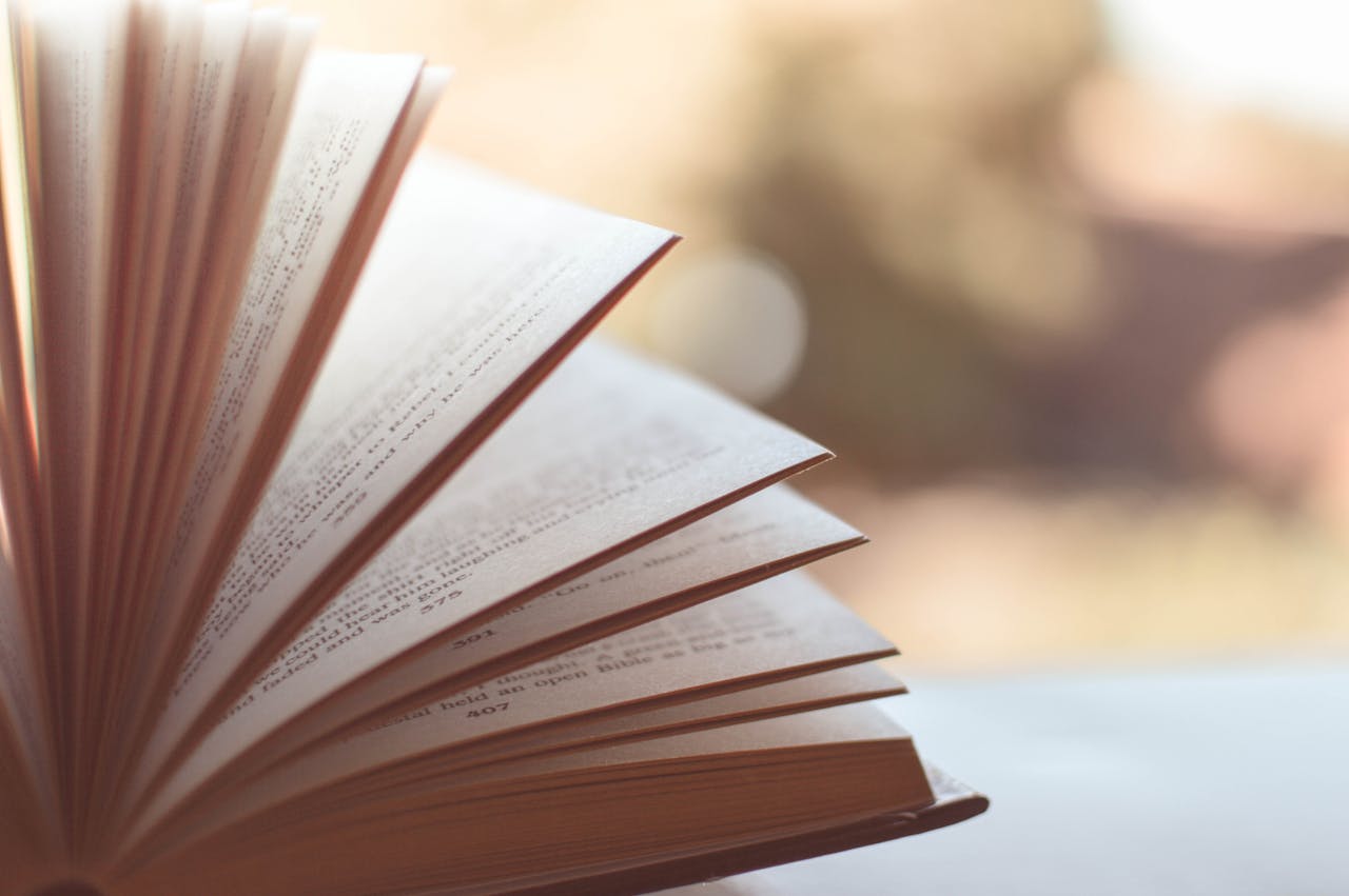 A close-up shot of an open book