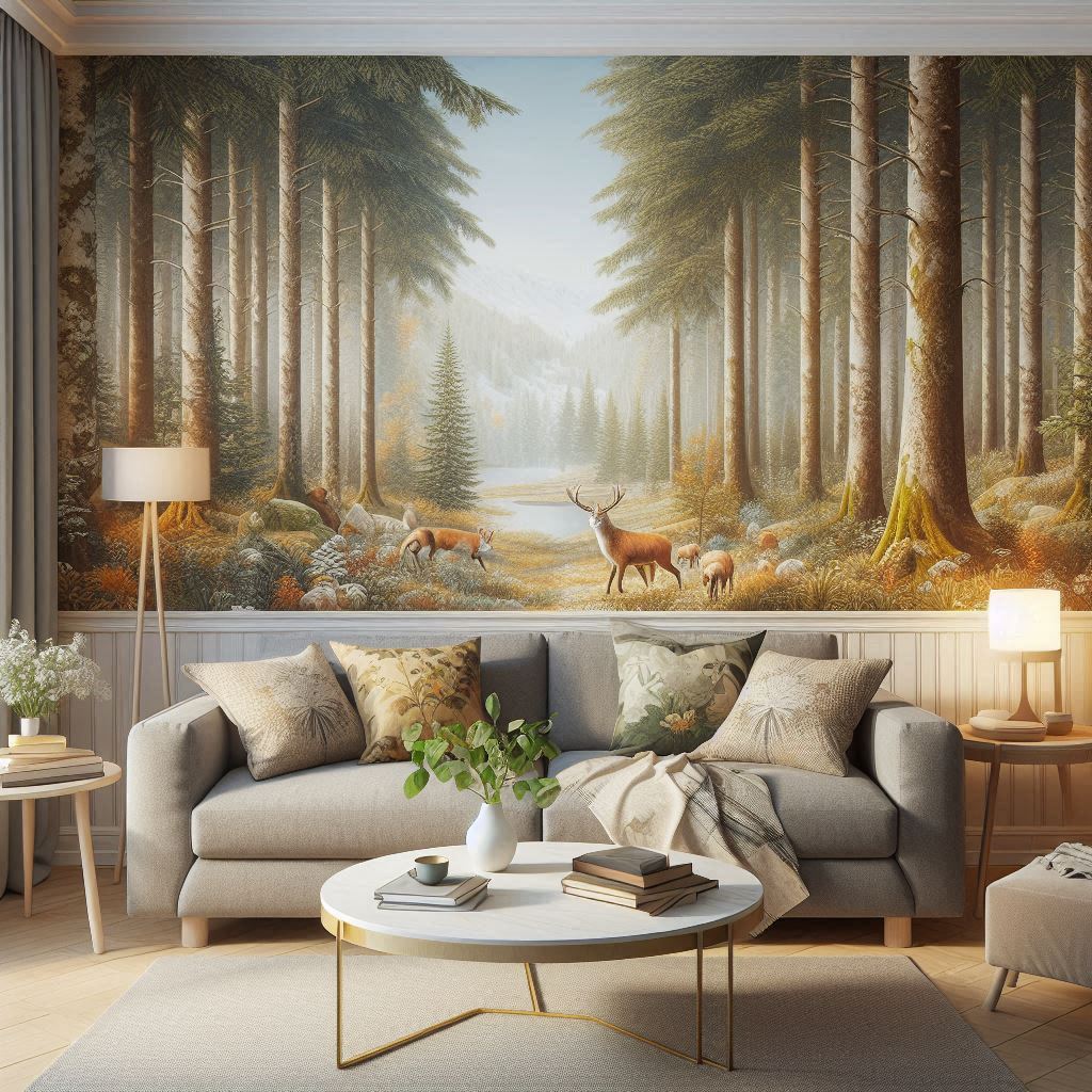 A large wallpaper pane with forest motif