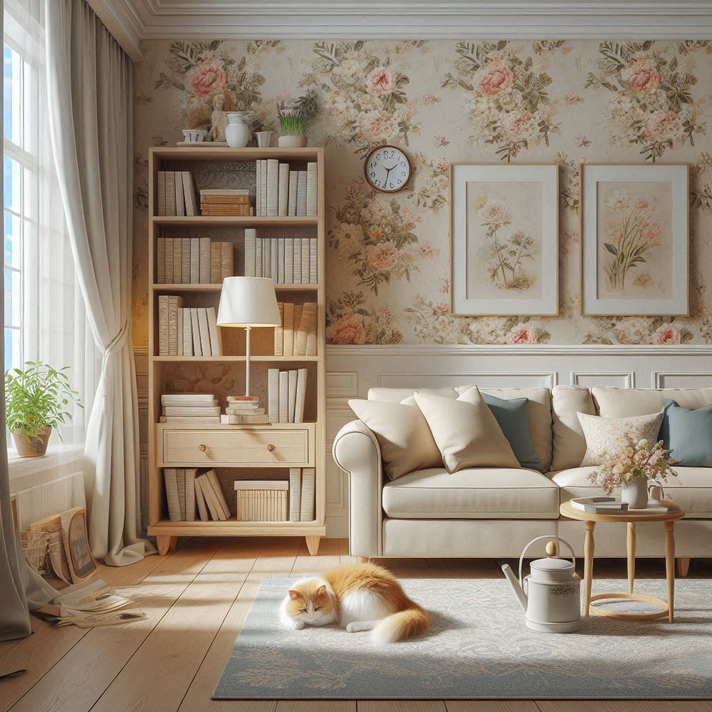 Floral wallpaper in the living room of a Kensington apartment