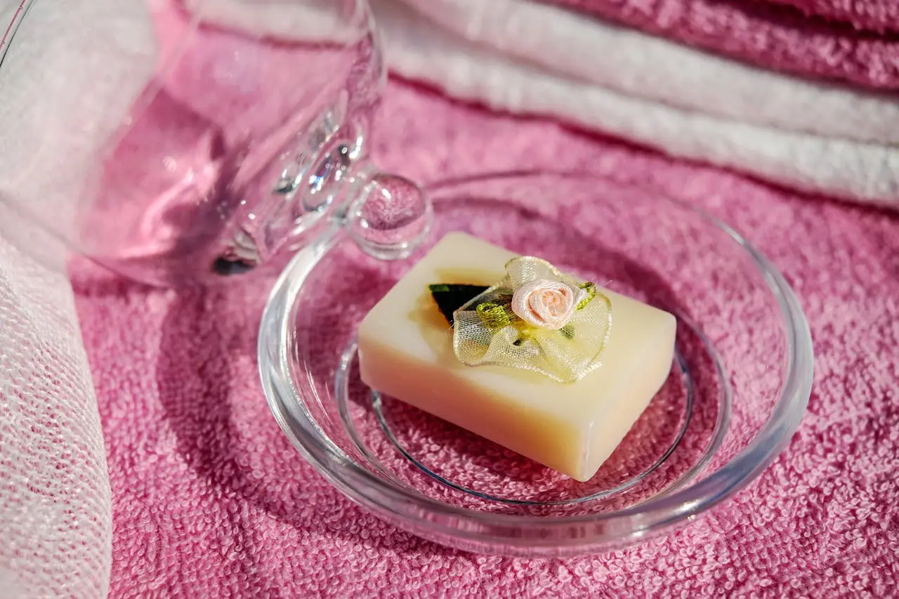 A bar of organic soap on a glass plate