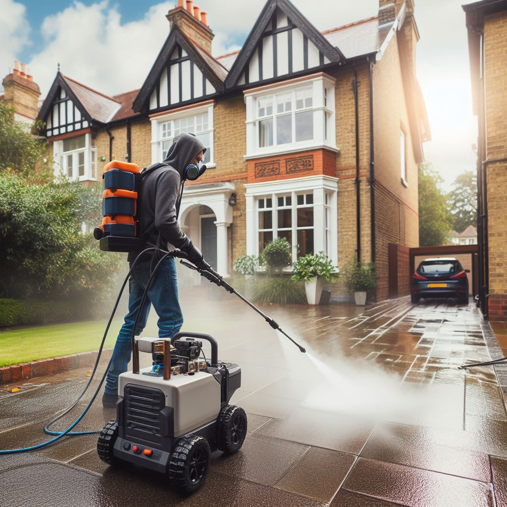 A professional London pressure-washing technician during a steam-jet cleaning job in Camden NW1