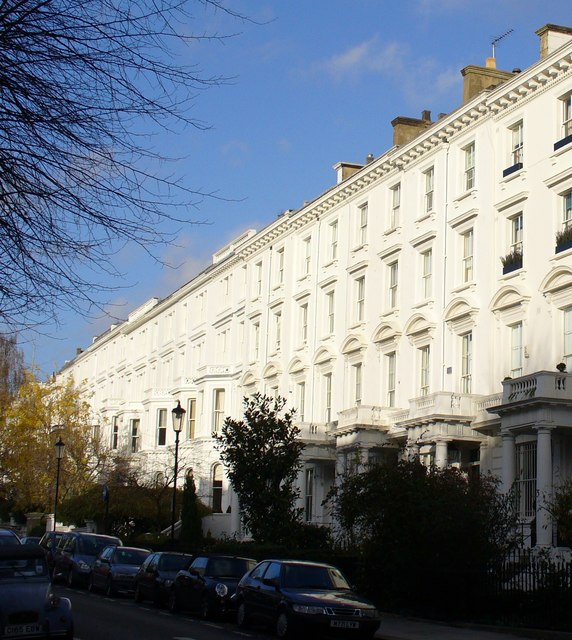 A row of Victorian-style terraced houses on Phillimore Gardens, South Kensington