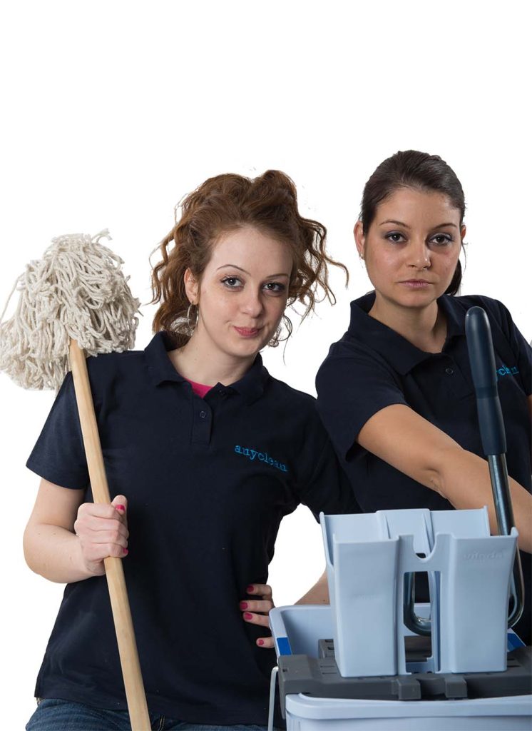 Anyclean property cleaning operatives in navy uniform with mop and bucket
