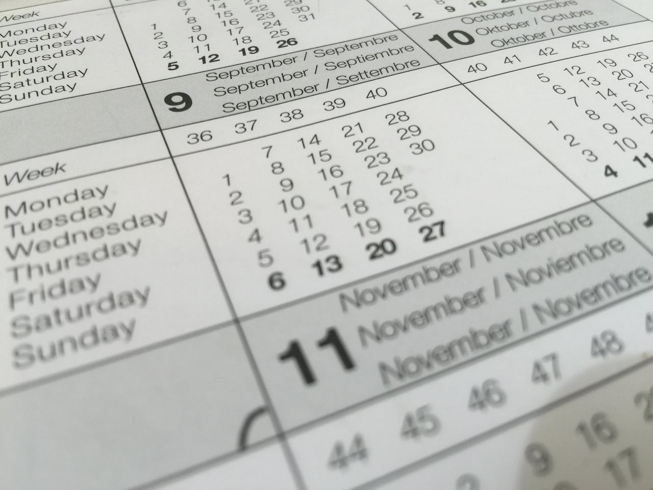 A black-and-white calendar sheet