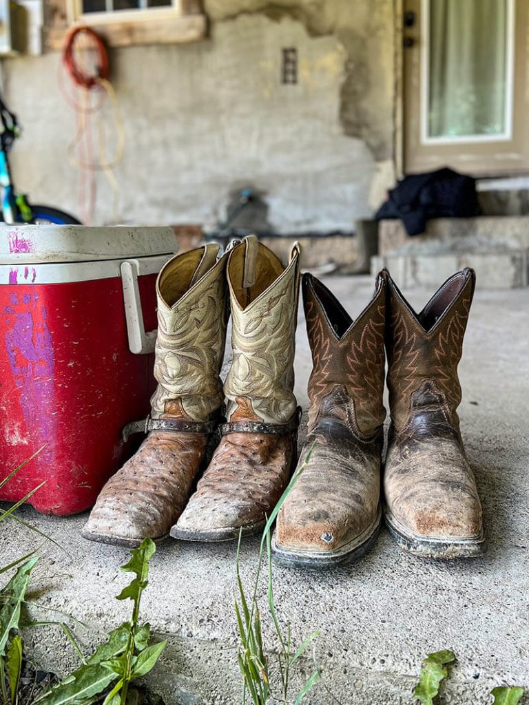 Worn and Dirty Two Pairs of Cowboy Boots - Ostrich Leather and Cow Hide