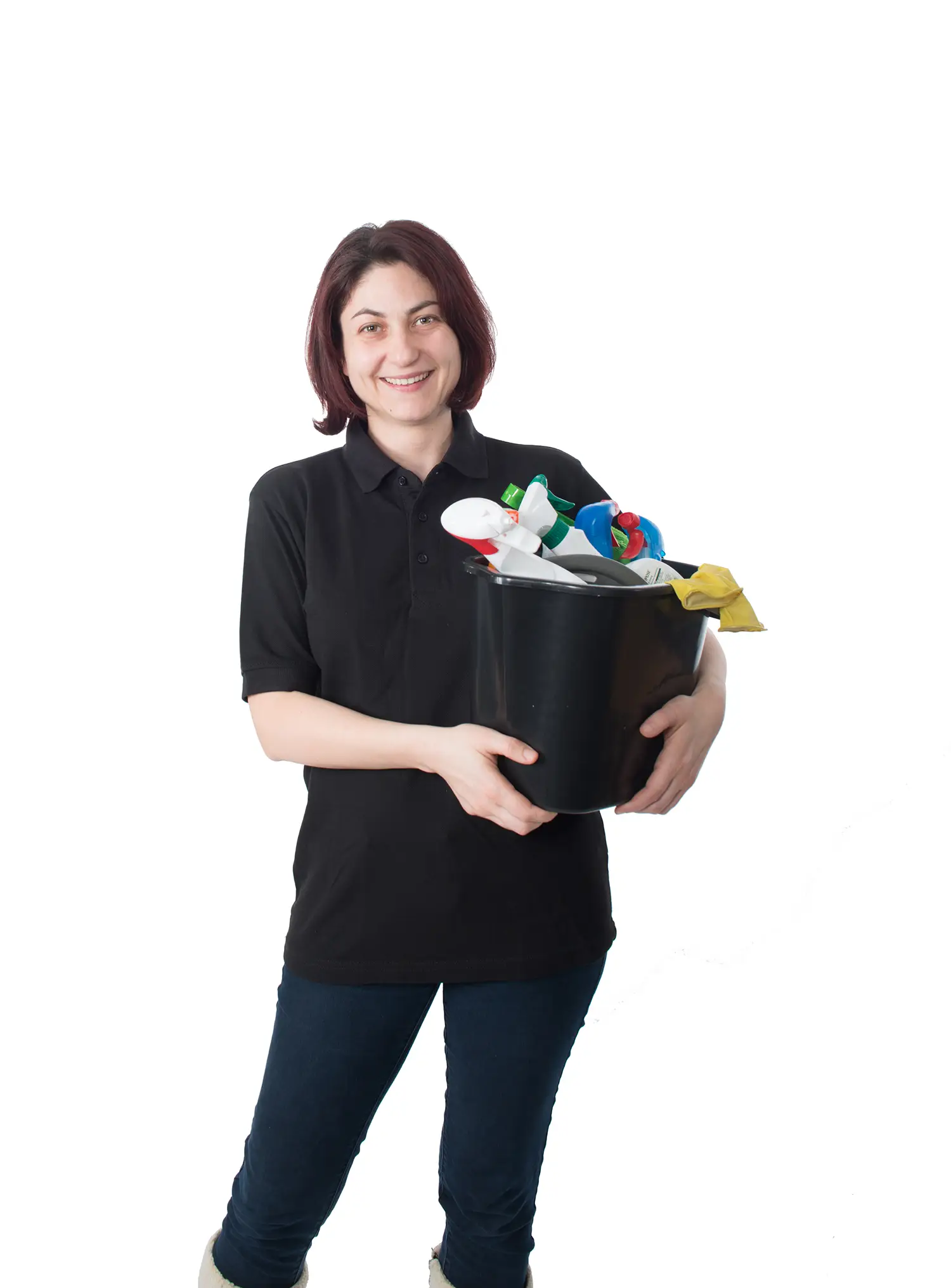 Smiling Cleaner from Anyclean Holding a Bucket with Cleaning Materials