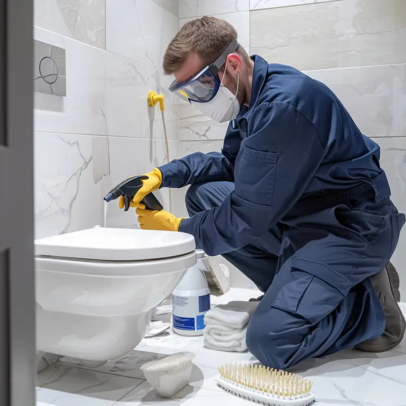 Professionally Equipped Uniformed Cleaner Cleaning A Toilet