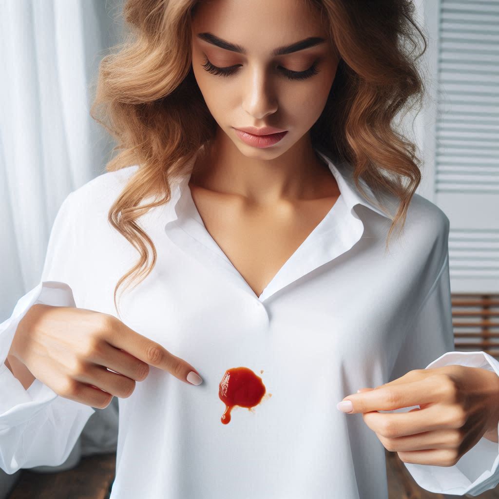 A woman looking at a ketchup stain on her white shirt