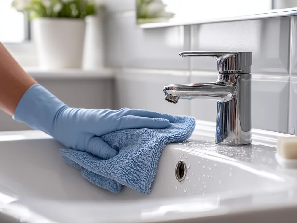 Cleaning a Kitchen Sink Using Blue Microfibre Cloth